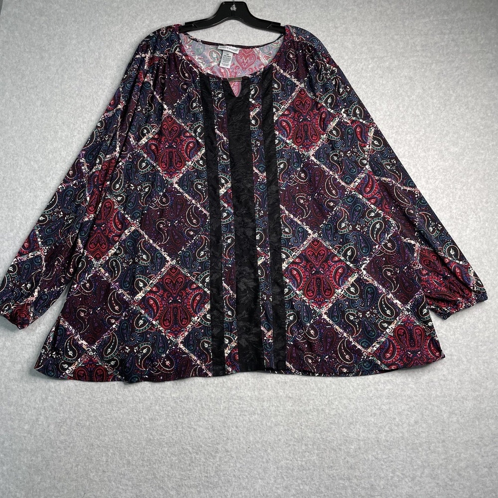 Catherines Tunic Top Womens 3X Long Sleeve Paisley Lace Blouse Multicolor 26/28W